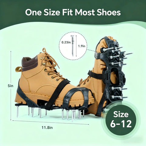 Flexible Lawn Aerator Shoes With Adjustable Straps And Durable Spikes For Easy Garden Aeration, shown on brown boots