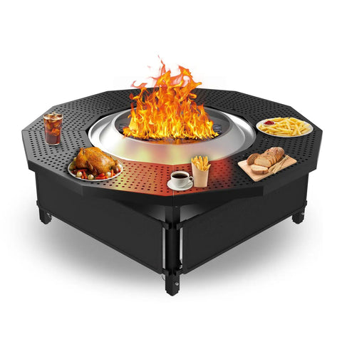 Adjustable Fire Pit Surround Tabletop For Solo Stove Bonfire Ranger Two Point Zero with coated steel and black UV-resistant fabric.