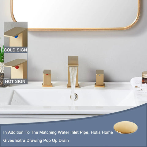 Sleek Brushed Gold 3 Hole Waterfall Bathroom Faucet With Dual Handles, Modern Vanity Sink Faucet Set, Easy Installation With Supply Hoses And Drain, 4.4 Inch Body, 5.5 Inch Spout Extension, Stylish Home Upgrade