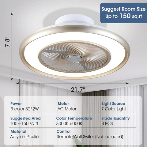 22 Inch Bladeless Low Profile Ceiling Fan With Lights And Remote Enclosed Flush Mount RGB 7 Color Mood Lighting And Built In Music Speaker displayed with specifications in a room setup.