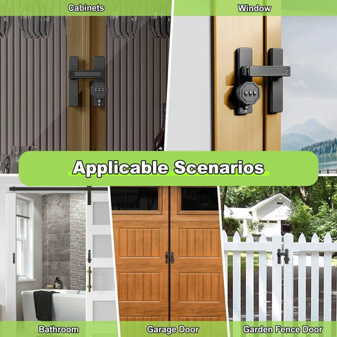 Keyless Barn Door Lock With Three Digit Password, Flip Latch For 90 And 180 Degree Sliding Doors, Cabinet And Gate Bolt, Ideal For Barn Doors, Garage, Shed, Windows, No Fuss Security, Black Finish installed on cabinets, windows, bathroom, garage door, and garden fence door.