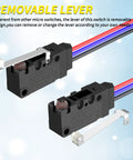 Waterproof Micro Limit Switch With Long Roller Lever SPDT 3 Pin Pre Wired 10A 125 250V 2 Pack Removable Lever Design