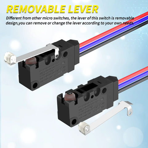 Waterproof Micro Limit Switch With Long Roller Lever SPDT 3 Pin Pre Wired 10A 125 250V 2 Pack Removable Lever Design