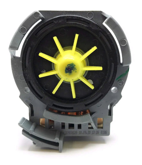 Dishwasher Drain Pump Replacement W10348269 Black Front Copper Winding with yellow fan component, front view
