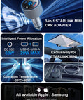 Starlink Mini Car Adapter With 60W Power Converter and Dual USB Ports For 12 To 24 Volt Vehicle Sockets showing 3-in-1 design and specs.