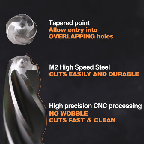 Seven Eighths Inch Bridge And Construction Reamer Drill Bit Built Tough With M2 HSS Taper Chucking For Steel Aluminum Metal Wood Plastic, Half Inch Shank, Spiral Flutes, Enlarges And Aligns Holes, 22mm, showing tapered point and spiral flutes