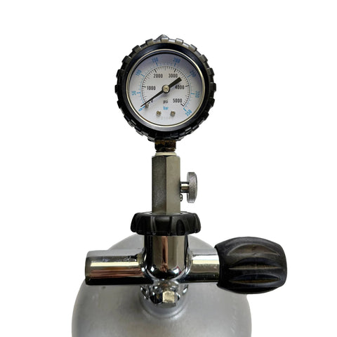 Front view of scuba tank pressure gauge on regulator valve, 0-5000 psi (350 bar), stainless steel