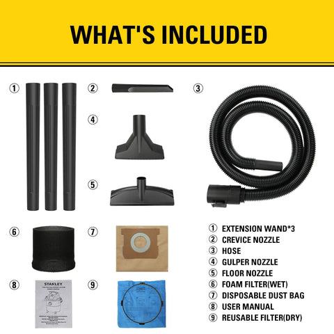 Pro Grade 6 Gallon Wet Dry Vacuum With 4 Peak HP Motor And Stainless Steel Tank accessories set on display