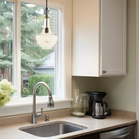 Sydney 15 Inch Modern Pendant Light With Vase Style Seeded Glass Shade Adjustable Height Oil Rubbed Bronze Finish in kitchen