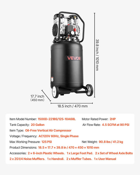 20 Gallon Portable Air Compressor With Wheels 2HP 125PSI Max Oil Free Tank For Auto Repair Tire Inflation Spray Painting Woodwork Nailing 4.5 SCFM Powerful Performance Easy Setup Quiet Operation Home Garage Must Have Tool