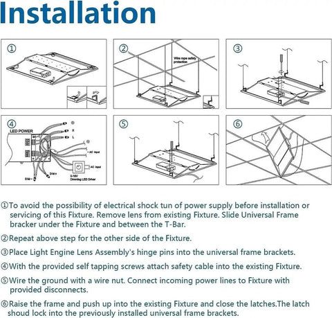 Installation instructions for 2x2 Ft LED Recessed Troffer Light, 4680LM Ultra Bright 3500K/4000K/5000K Selectable, showing step-by-step setup.