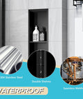 Stainless Steel Shower Niche 8 Inch By 24 Inch Recessed Wall Nook With Double Shelves No Tile Needed Matte Black Bathroom Storage Waterproof Built In Shelf Divider displayed in bathroom setting.