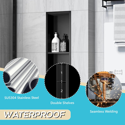 Stainless Steel Shower Niche 8 Inch By 24 Inch Recessed Wall Nook With Double Shelves No Tile Needed Matte Black Bathroom Storage Waterproof Built In Shelf Divider displayed in bathroom setting.