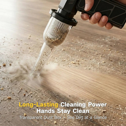 Power Packed Compressed Air Duster With O Shaped Air Duct And 13 Blade Dual Layer Turbo Fan vacuuming wood floor