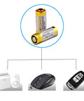 Top Tier A23 23A 12V Alkaline Batteries Five Pack visible with remote, keyboard, and doorbell, used for garage doors and remotes.