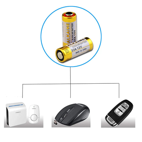 Top Tier A23 23A 12V Alkaline Batteries Five Pack visible with remote, keyboard, and doorbell, used for garage doors and remotes.