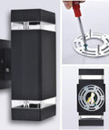 Up Down Outdoor Wall Light Sconce With Remote Control RGB Color Changing LED Black Exterior Porch Lighting installation details