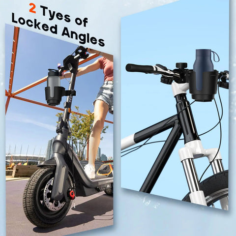 Universal Cup Holder Clamp That Fits 0.6 To 1.5 Inch Tubes For ATV Motorcycle Bike Wheelchair Golf Cart And More, shown on scooter and bike.