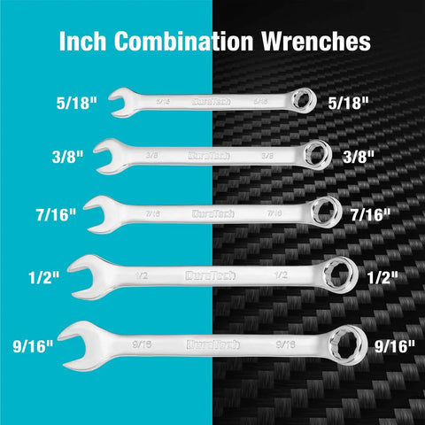 Inch combination wrenches from Beefy 497 Piece Mechanics Tool Set with SAE and Metric Sockets, sizes from 5/18 to 9/16.