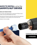 Hand holding screw with Sammy's nut driver against yellow and blue background, showcasing installation compatibility.