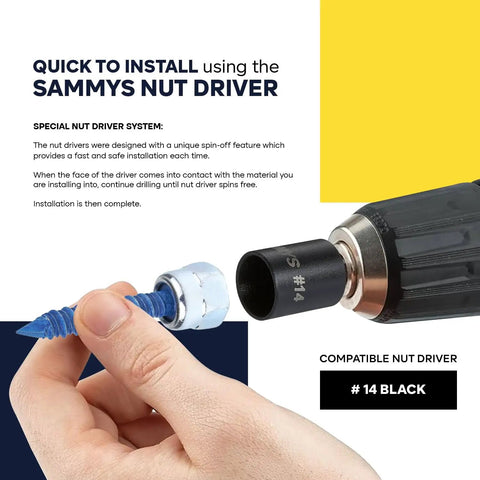 Hand holding screw with Sammy's nut driver against yellow and blue background, showcasing installation compatibility.