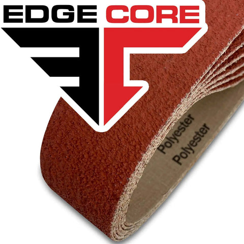 EdgeCore Ceramic Grinding Sanding Belts 2 x 72 Inch 120 Grit 6 Pack showing close-up of texture and polyester material label.