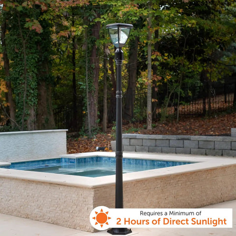 Inversee Outdoor Solar Post Light With 3 Mount Options shown by a poolside, black metal and glass, requires 2 hours of sunlight