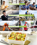 Collage of workers and a meal in white dish, featuring Portable Oven For Reheating On The Go Mini Electric Lunch Warmer Box