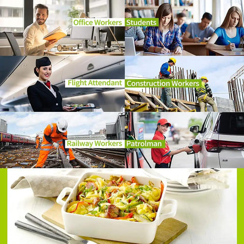 Collage of workers and a meal in white dish, featuring Portable Oven For Reheating On The Go Mini Electric Lunch Warmer Box