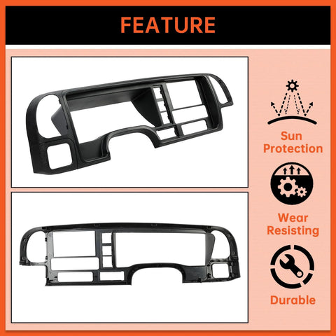 ECOTRIC double-DIN dash panel for 1995–2002 GMC Sierra/Chevy Silverado C/K trucks; black center console bezel, two views