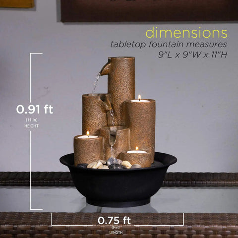 Indoor Tabletop Tiered Water Fountain With 3 Candles, 11 Inch Brown, featuring tiered design and tealight holders on table.