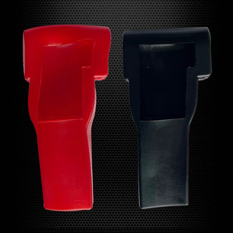 Close-up of red and black covers for Beefy Copper Battery Terminal Connectors For Top Post Cars And Trucks SAE Standard