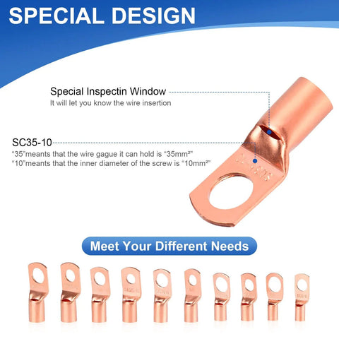 Heavy Duty Copper Wire Lugs And Heat Shrink Kit showing SC35-10 copper lug, special inspection window, includes 260 pcs lugs
