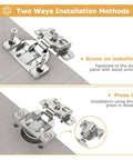 Installation methods for Fifty Piece One Half Inch Overlay Soft Close Concealed Cabinet Hinge Set For Face Frame Doors including screw and press-in options.