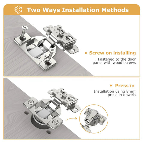 Installation methods for Fifty Piece One Half Inch Overlay Soft Close Concealed Cabinet Hinge Set For Face Frame Doors including screw and press-in options.