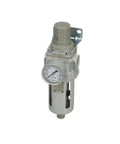 Front view of PneumaticPlus SAW400-N04BG 1/2 in NPT air filter regulator piggyback with poly bowl, manual drain, gauge, bracket