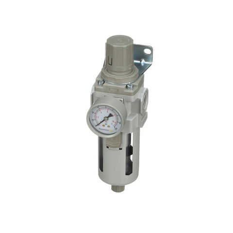 Front view of PneumaticPlus SAW400-N04BG 1/2 in NPT air filter regulator piggyback with poly bowl, manual drain, gauge, bracket