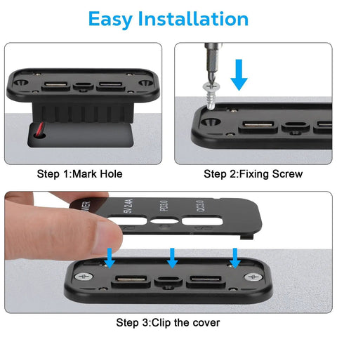 Installation steps for Slick Upgrade 3 Port 12V 24V USB Outlet Panel Quick Charge Fast Charger with USB C PD.