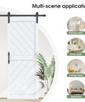 White 36 Inch By 84 Inch Sliding Barn Door With Six Point Six Foot Hardware Kit And Handle Included Solid MDF Wood Slab Covered With Water Proof And Scratch Resistant PVC Surface Simple Do It Yourself Assembly Chevron Pattern installed in interior room