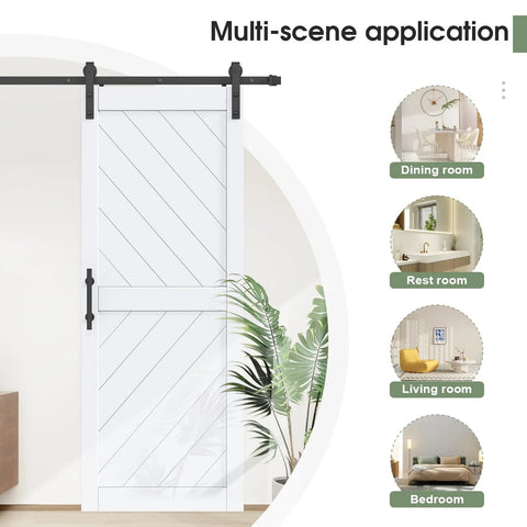 White 36 Inch By 84 Inch Sliding Barn Door With Six Point Six Foot Hardware Kit And Handle Included Solid MDF Wood Slab Covered With Water Proof And Scratch Resistant PVC Surface Simple Do It Yourself Assembly Chevron Pattern installed in interior room