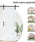 32 By 84 Inch Sliding Barn Door With Hardware Kit And Handle Included, Solid MDF Slab Covered In Waterproof And Scratch Resistant PVC, Dope DIY Ready, Chevron Pattern, Perfect For Bathrooms Bedrooms Kitchens And Laundry Rooms installed in a home setting.
