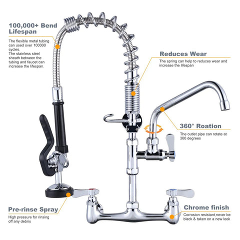Commercial Wall Mount Kitchen Faucet With Pre Rinse Sprayer 21 Inch Height 8 Inch Center 10 Inch Add On Swing Spout Coiled Spring