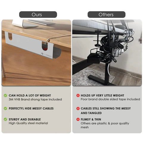 Comparison of under desk cable trays showing a white 3M VHB tape slim steel organizer versus a flimsy plastic one with cable mess.