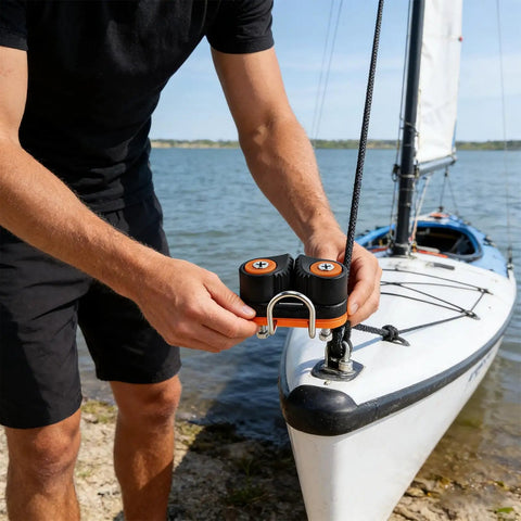 Person installing Quick Release Rope Clamp for Kayak Rigging and Marine Gear with Auto Locking Cam Cleat on white kayak.