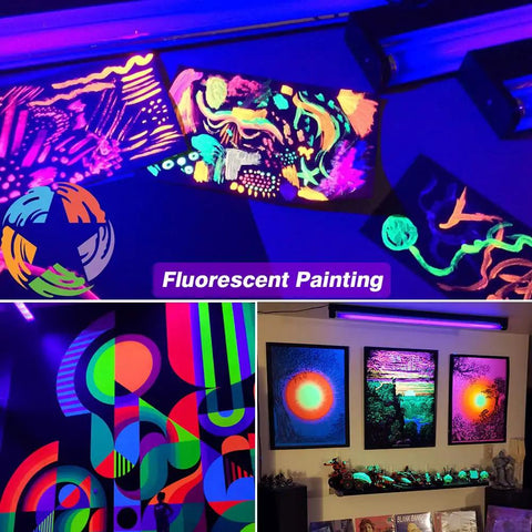 Fluorescent paintings under Two Pack LED Black Light Bar With Switch And Plug 5ft Cable 38W UV Glow Light For Party Vibes Up To 1200 Sq Ft Coverage Great For Halloween Decor Fluorescent Posters Body Paint Bedrooms Classrooms