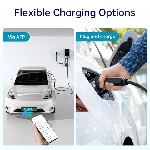 Level 2 EV Charger for Home Use With 14-50 Plug 40A High Current Output shown charging electric car via app and plug