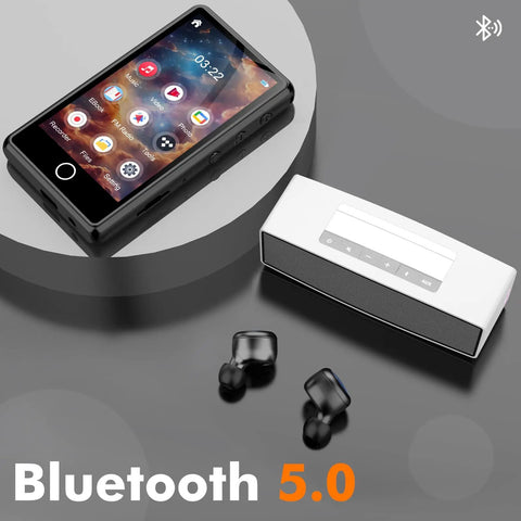 Massive 80GB Bluetooth MP3 Player And 3 Inch Portable MP4 Video Player With Built In Speaker FM Radio Video E Book Recording Supports All Formats Expandable To 256GB Black displayed with earbuds and Bluetooth 5.0 icon.