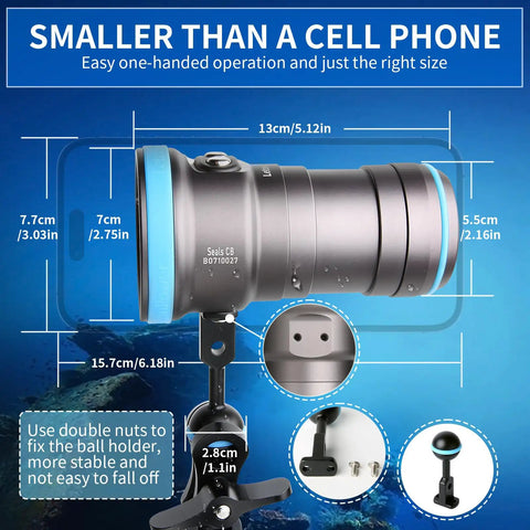 Diagram of 4000 Lumen Underwater Dive Light for Photography And Video, 6500K White Plus Blue And Red Light, showing dimensions and mount