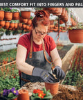Person gardening with Micro Foam Nitrile Work Gloves With Spandex Liner For Ultra Grip And Breathable Oil Friendly Wear Nitrile Coated Handwear CE Approved 15 Gauge Ergonomic Design Smart Touch Thin Machine Washable Grey Large 12 Pairs Pack in greenhouse