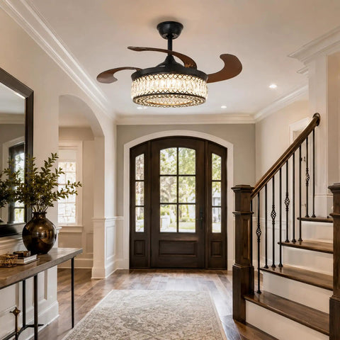 efperfect 42 Inch Black Crystal Fandelier Ceiling Fan with Light and Remote in an elegant foyer setting.